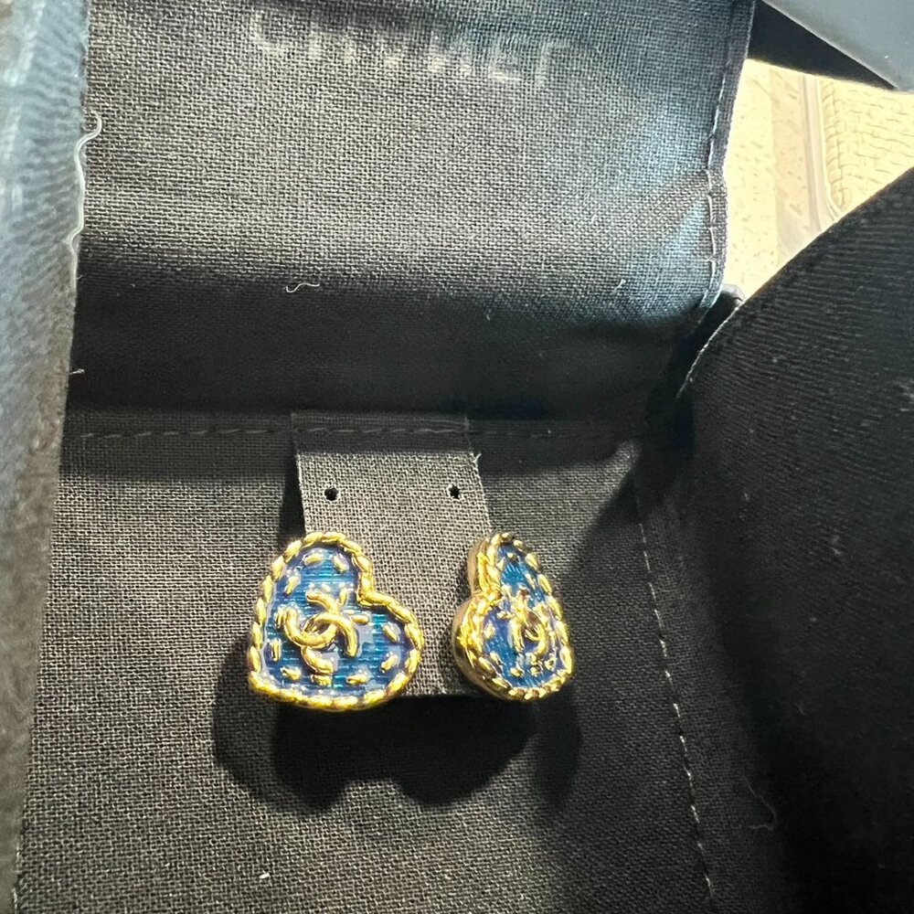 CHANEL Metal Enamel CC Denim Heart Earrings Gold Blue